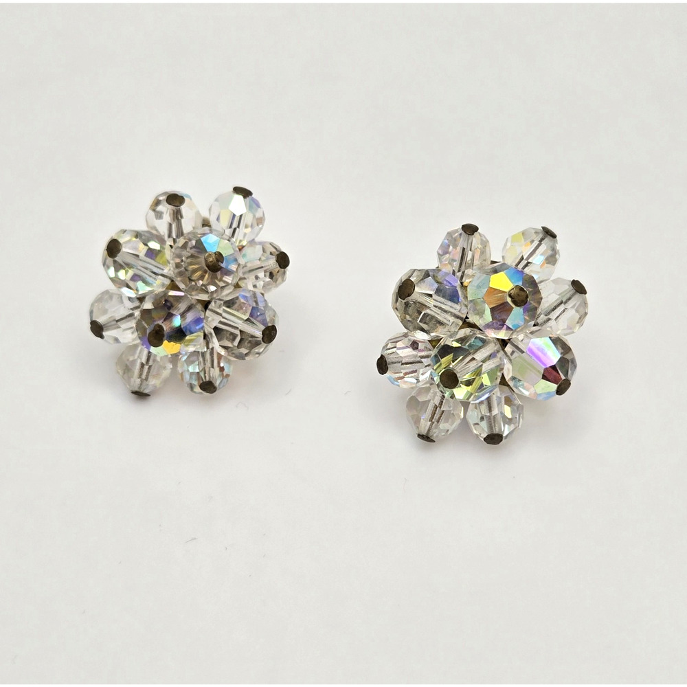 Vintage Crystal Bead Earrings Aurora Borealis Cluster Clip On Midcentury Classic